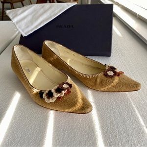 Prada Calzature Donna Natte Tricot Natural/Ecru Burlap Pointed Toe Flats 💙